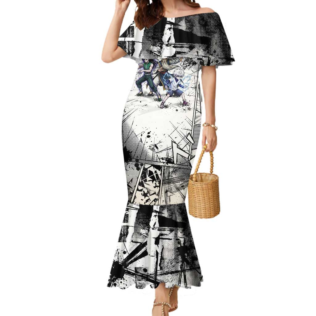Killua Silva Illumi Team Design Mermaid Dress with Monochrome Graffiti Background and Hunter Association Symbols - The Mazicc