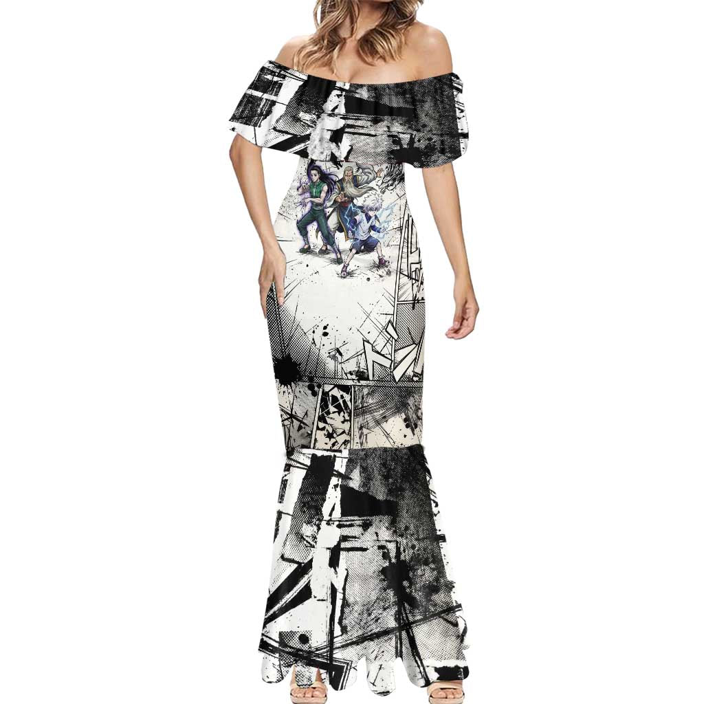 Killua Silva Illumi Team Design Mermaid Dress with Monochrome Graffiti Background and Hunter Association Symbols - The Mazicc