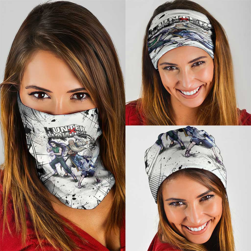 Killua Silva Illumi Team Design Neck Gaiter with Monochrome Graffiti Background and Hunter Association Symbols - The Mazicc