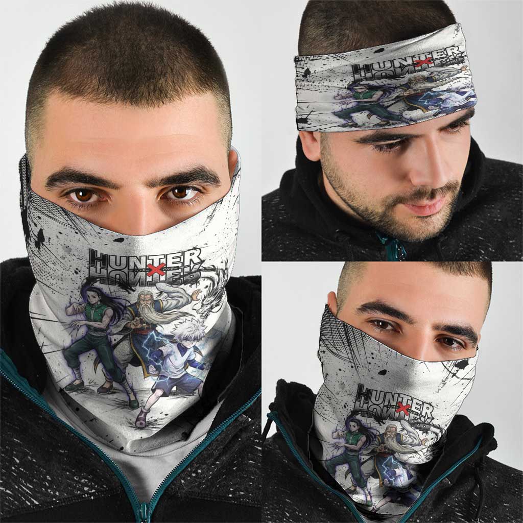 Killua Silva Illumi Team Design Neck Gaiter with Monochrome Graffiti Background and Hunter Association Symbols - The Mazicc