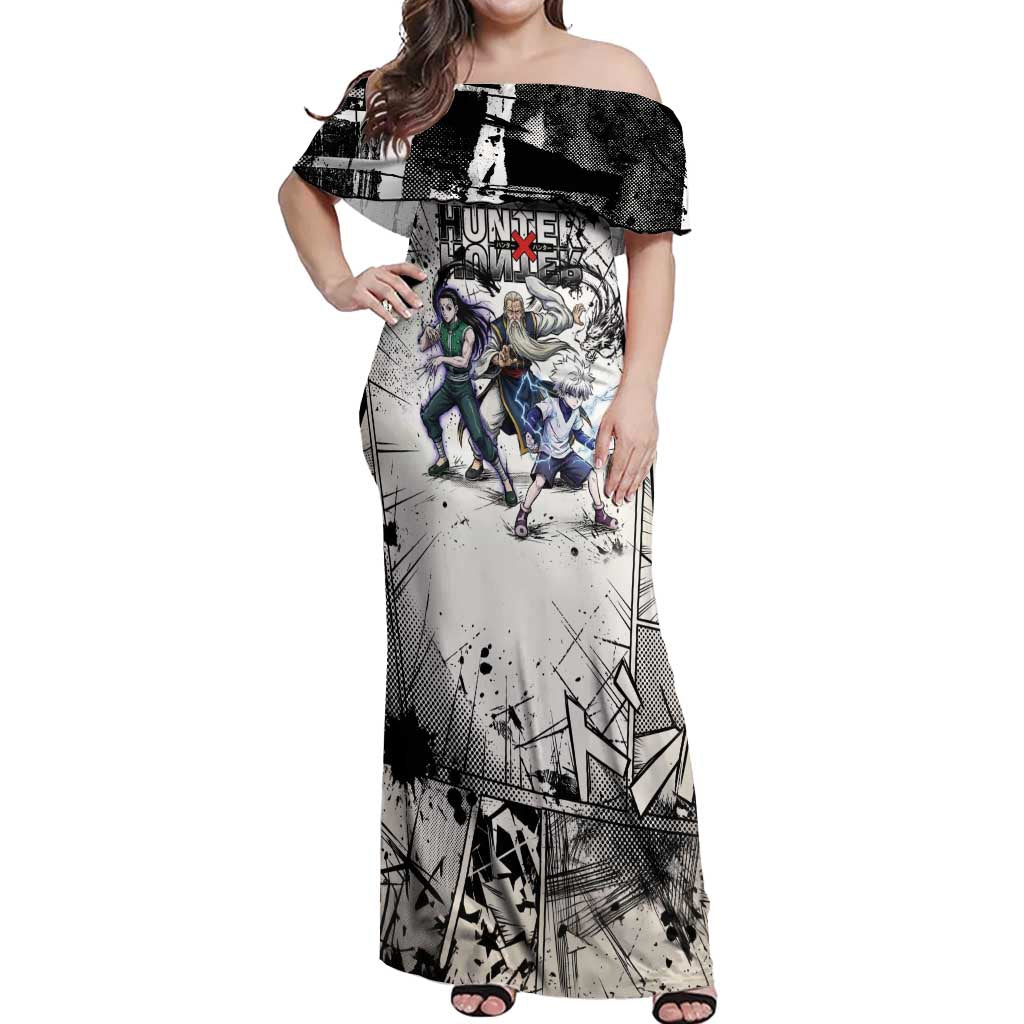 Killua Silva Illumi Team Design Off Shoulder Maxi Dress with Monochrome Graffiti Background and Hunter Association Symbols - The Mazicc