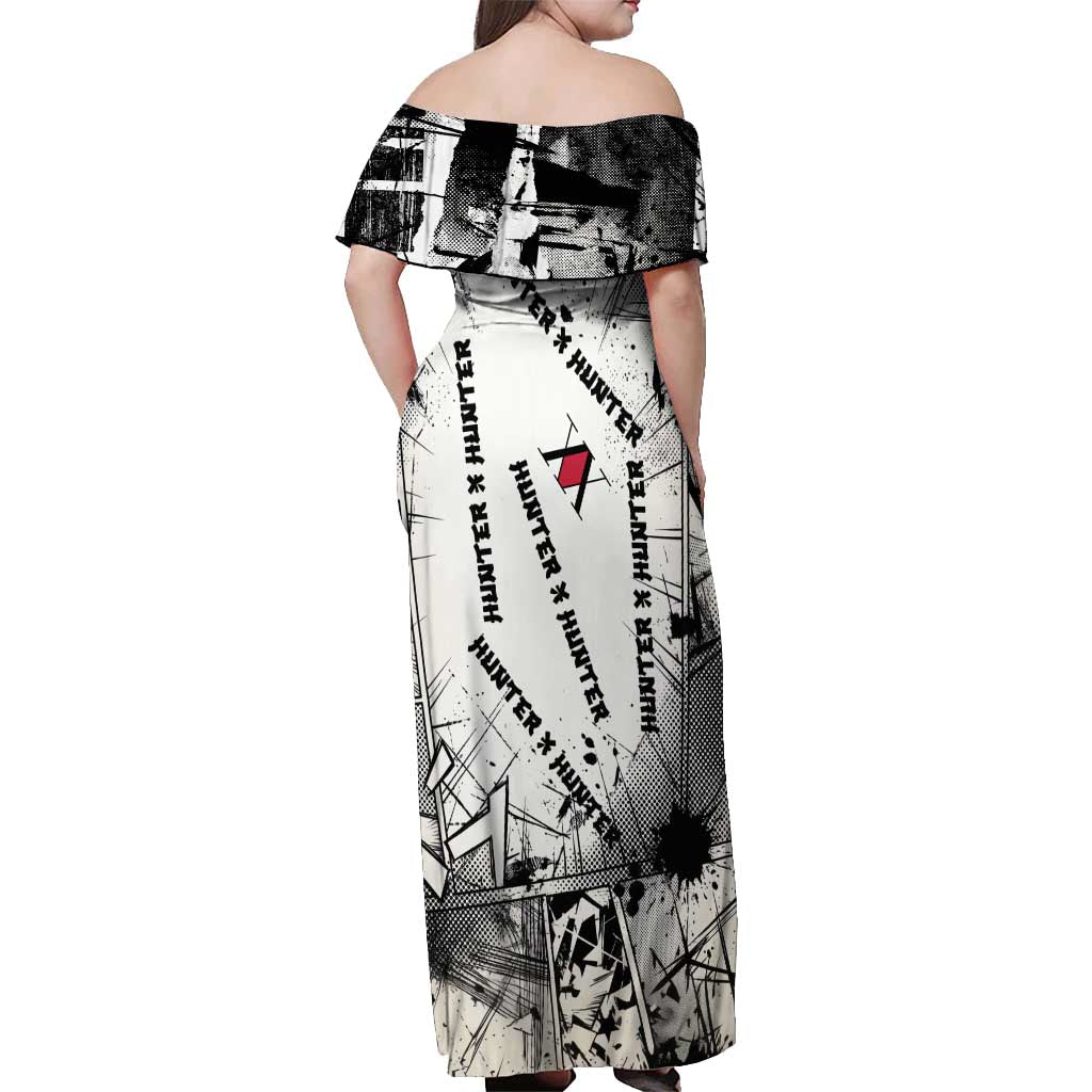 Killua Silva Illumi Team Design Off Shoulder Maxi Dress with Monochrome Graffiti Background and Hunter Association Symbols - The Mazicc