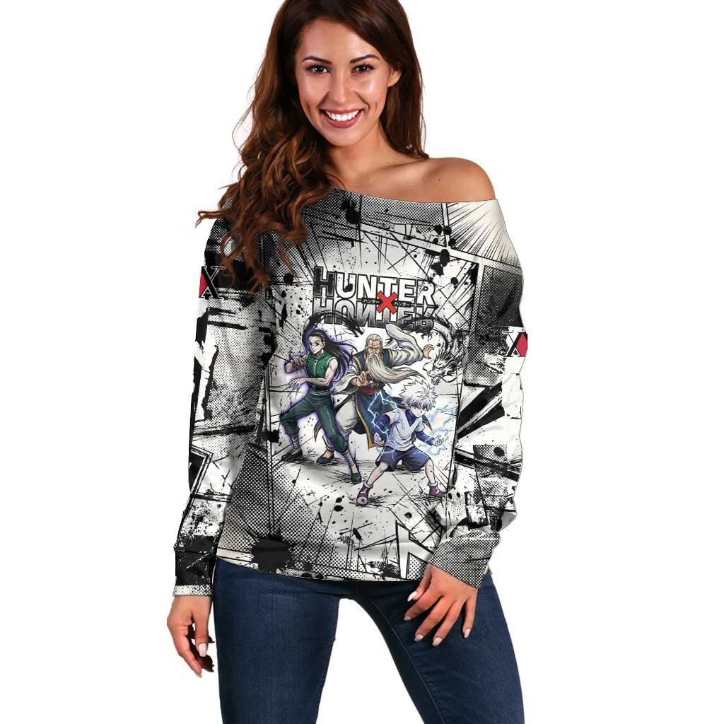 Killua Silva Illumi Team Design Off Shoulder Sweater with Monochrome Graffiti Background and Hunter Association Symbols - The Mazicc
