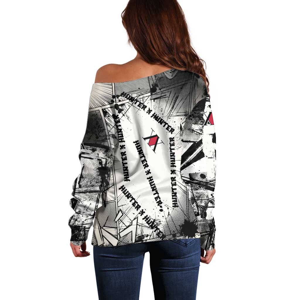 Killua Silva Illumi Team Design Off Shoulder Sweater with Monochrome Graffiti Background and Hunter Association Symbols - The Mazicc