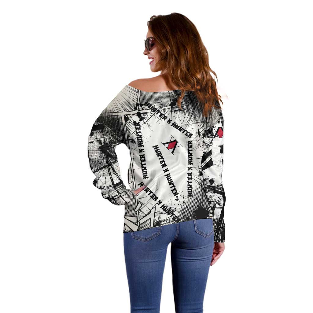 Killua Silva Illumi Team Design Off Shoulder Sweater with Monochrome Graffiti Background and Hunter Association Symbols - The Mazicc