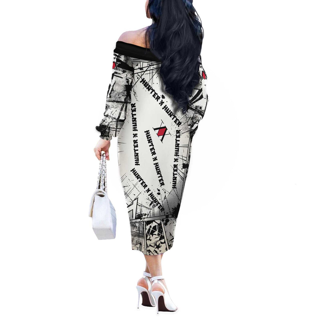 Killua Silva Illumi Team Design Off The Shoulder Long Sleeve Dress with Monochrome Graffiti Background and Hunter Association Symbols - The Mazicc