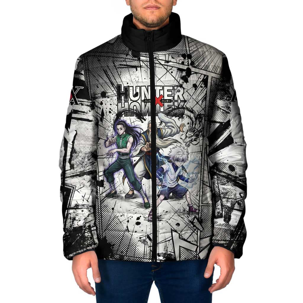 Killua Silva Illumi Team Design Padded Jacket with Monochrome Graffiti Background and Hunter Association Symbols - The Mazicc