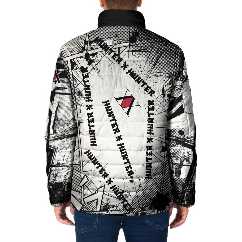 Killua Silva Illumi Team Design Padded Jacket with Monochrome Graffiti Background and Hunter Association Symbols - The Mazicc