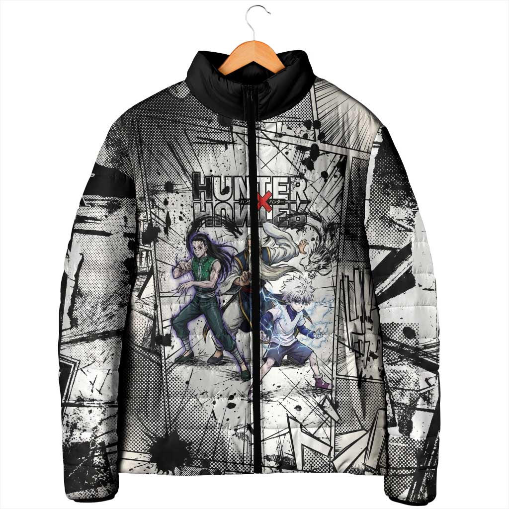 Killua Silva Illumi Team Design Padded Jacket with Monochrome Graffiti Background and Hunter Association Symbols - The Mazicc