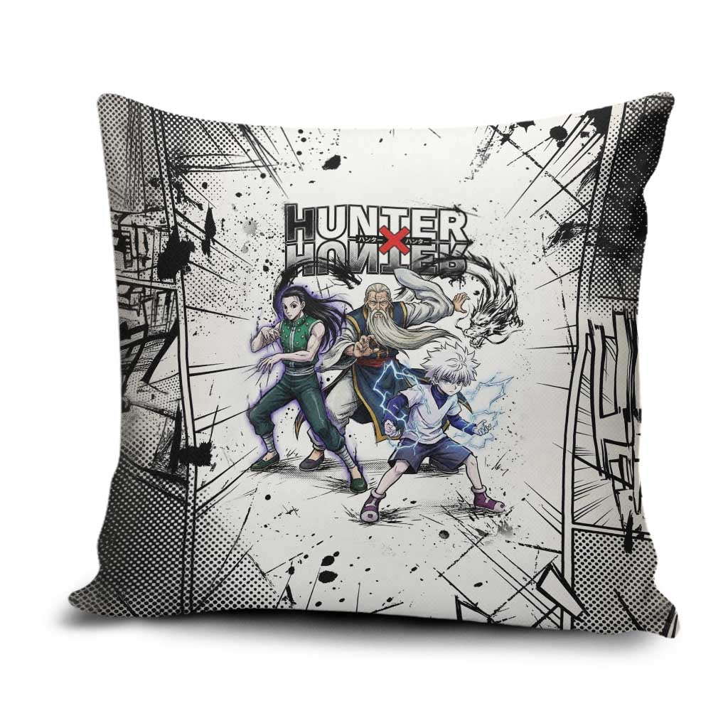 Killua Silva Illumi Team Design Pillow Cover with Monochrome Graffiti Background and Hunter Association Symbols - The Mazicc