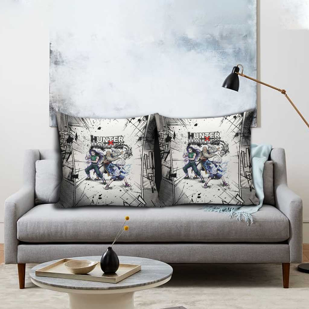 Killua Silva Illumi Team Design Pillow Cover with Monochrome Graffiti Background and Hunter Association Symbols - The Mazicc