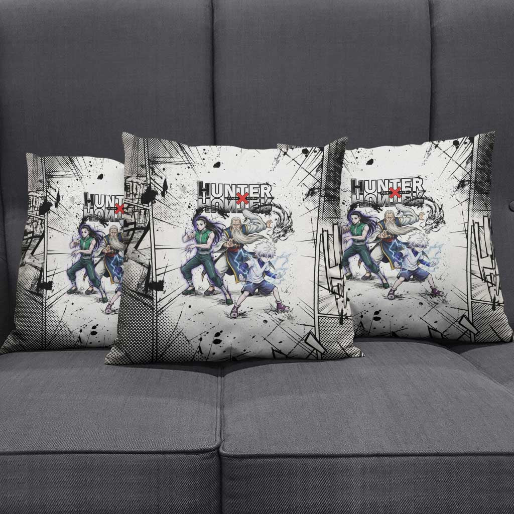 Killua Silva Illumi Team Design Pillow Cover with Monochrome Graffiti Background and Hunter Association Symbols - The Mazicc