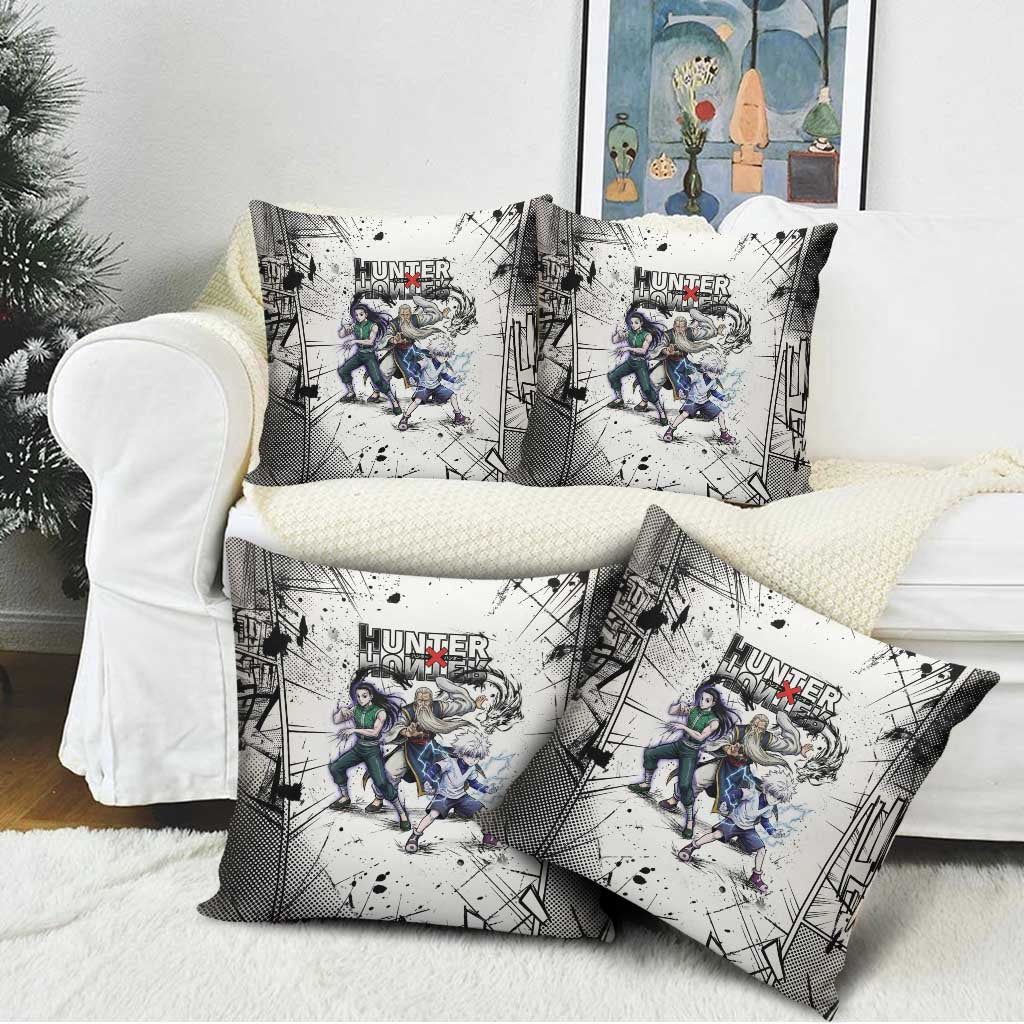 Killua Silva Illumi Team Design Pillow Cover with Monochrome Graffiti Background and Hunter Association Symbols - The Mazicc