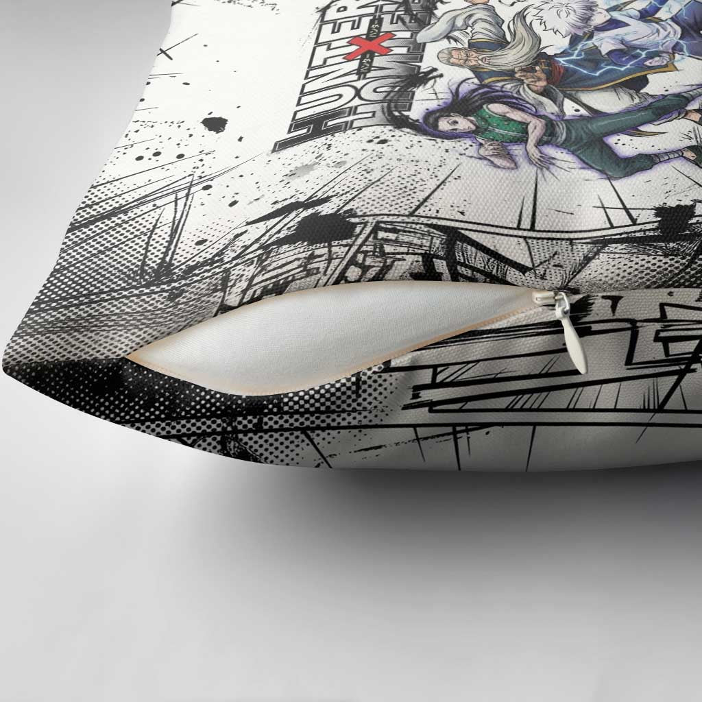Killua Silva Illumi Team Design Pillow Cover with Monochrome Graffiti Background and Hunter Association Symbols - The Mazicc