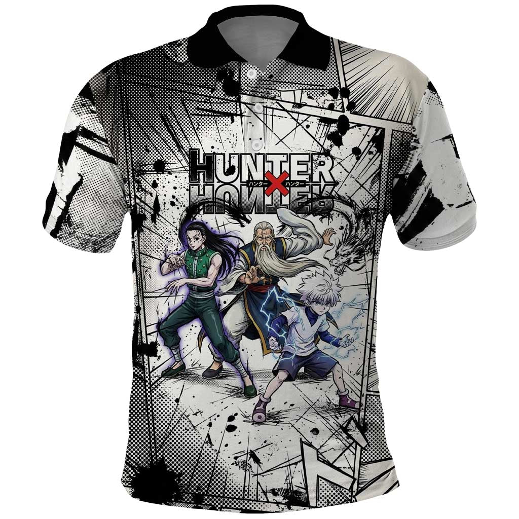 Killua Silva Illumi Team Design Polo Shirt with Monochrome Graffiti Background and Hunter Association Symbols - The Mazicc