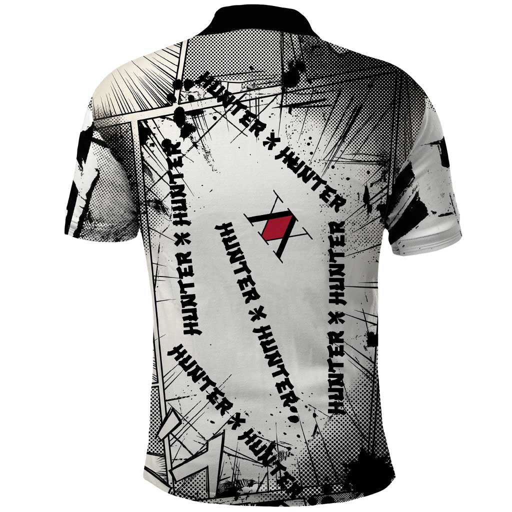 Killua Silva Illumi Team Design Polo Shirt with Monochrome Graffiti Background and Hunter Association Symbols - The Mazicc