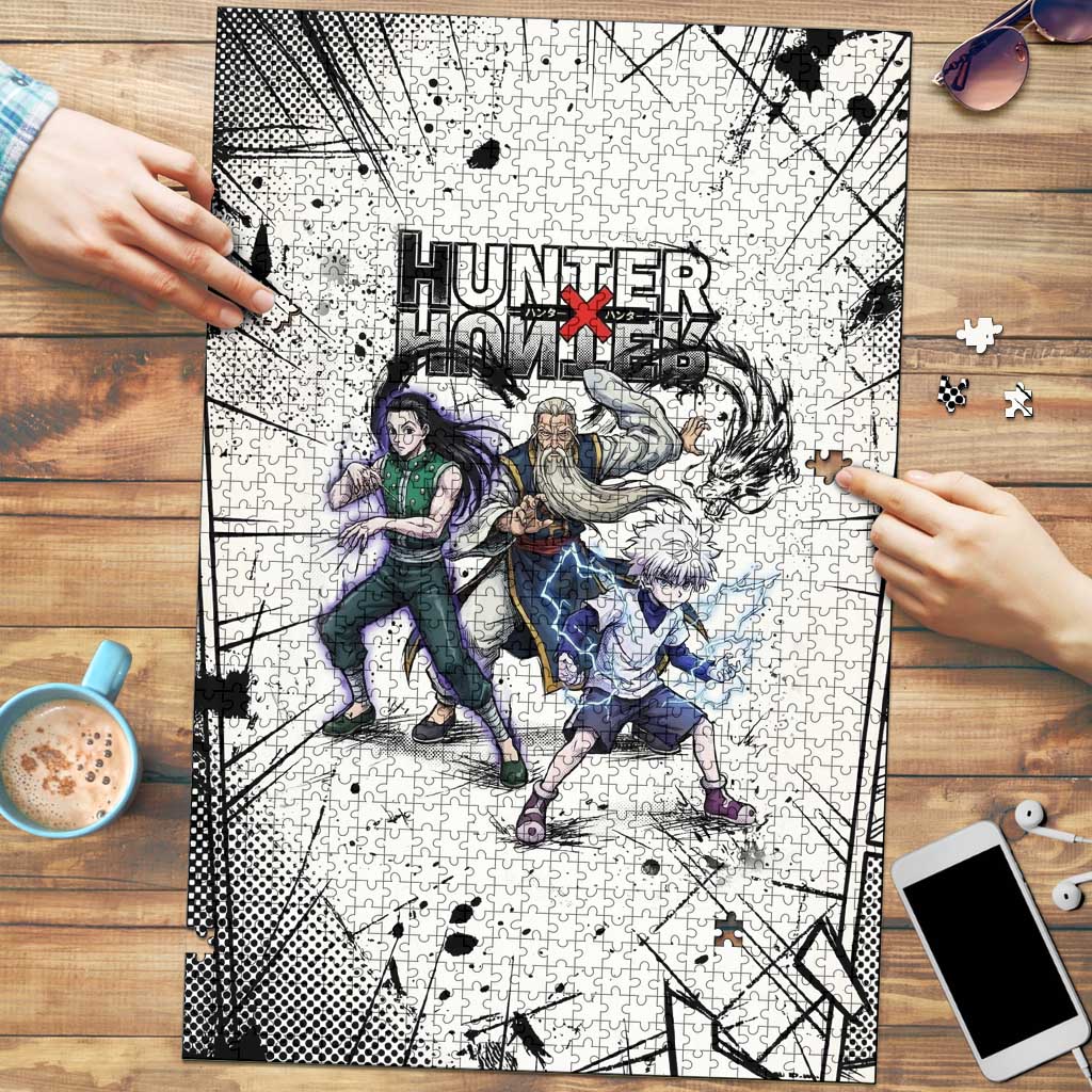 Killua Silva Illumi Team Design Puzzle with Monochrome Graffiti Background and Hunter Association Symbols - The Mazicc
