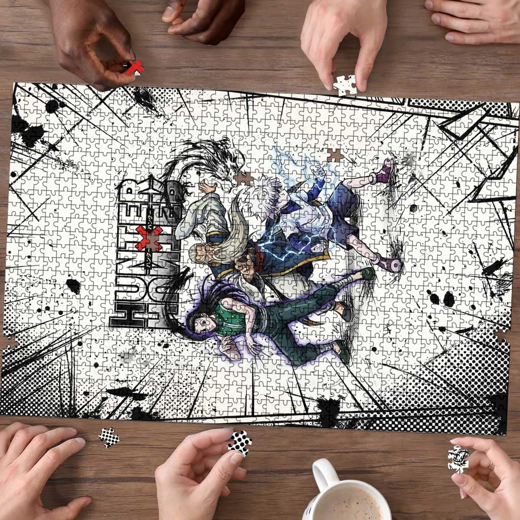 Killua Silva Illumi Team Design Puzzle with Monochrome Graffiti Background and Hunter Association Symbols - The Mazicc