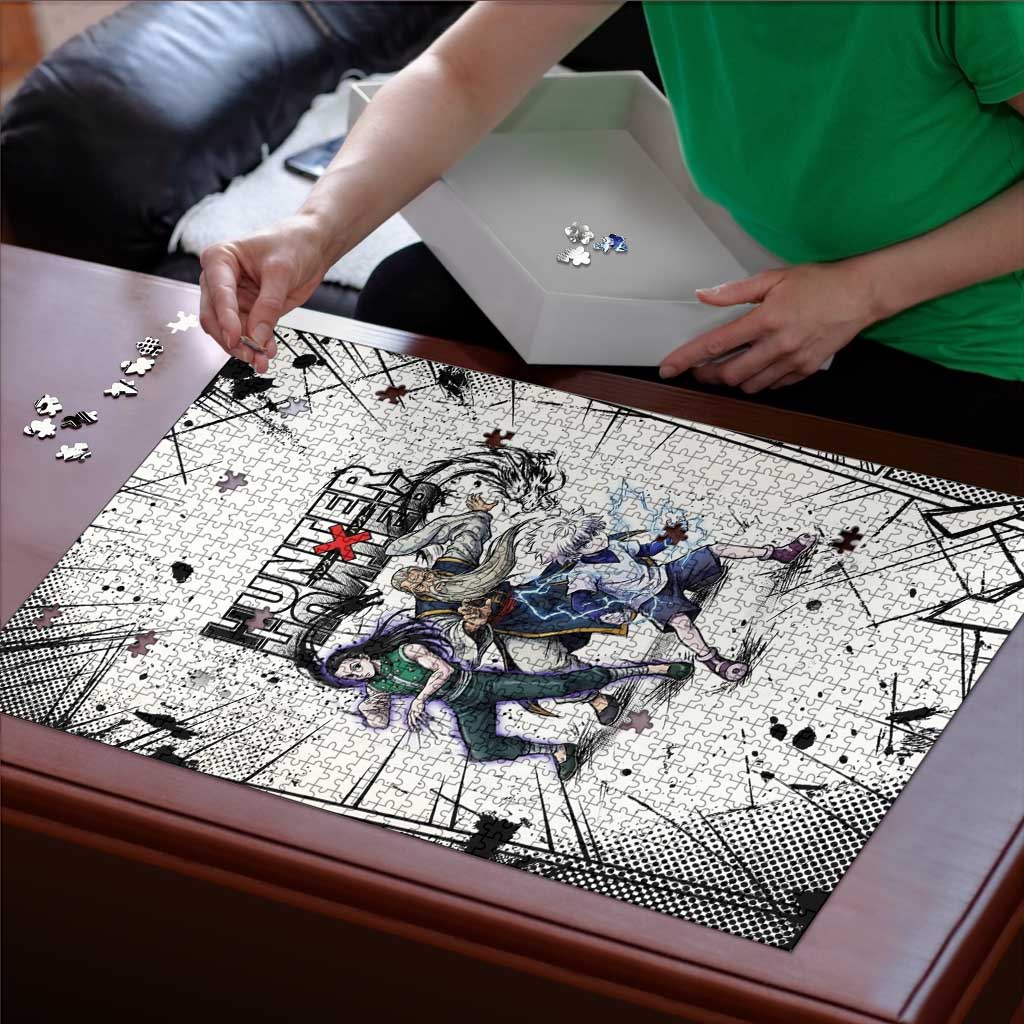 Killua Silva Illumi Team Design Puzzle with Monochrome Graffiti Background and Hunter Association Symbols - The Mazicc