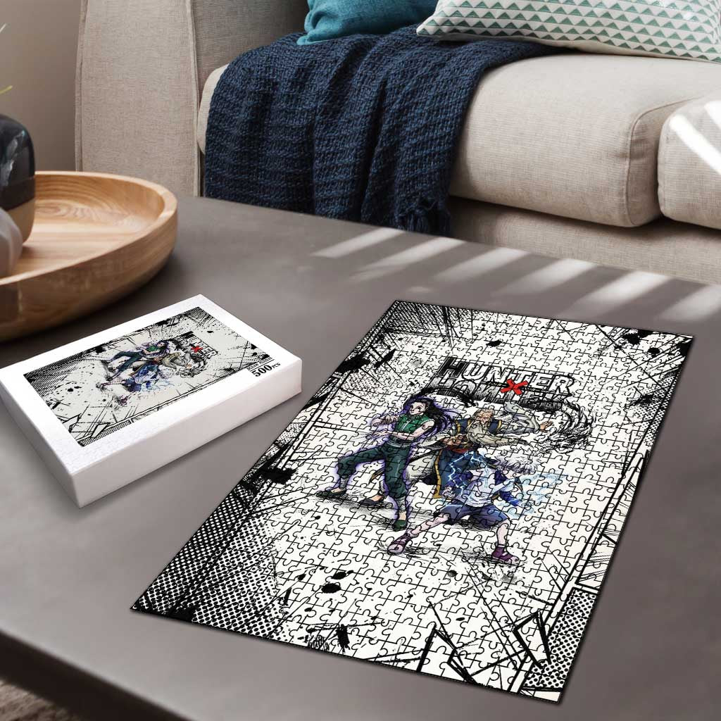 Killua Silva Illumi Team Design Puzzle with Monochrome Graffiti Background and Hunter Association Symbols - The Mazicc