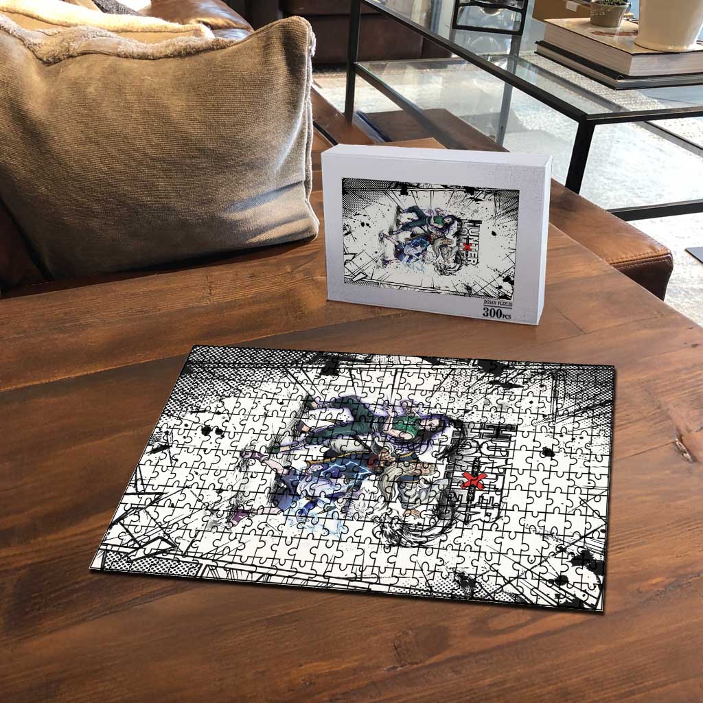 Killua Silva Illumi Team Design Puzzle with Monochrome Graffiti Background and Hunter Association Symbols - The Mazicc