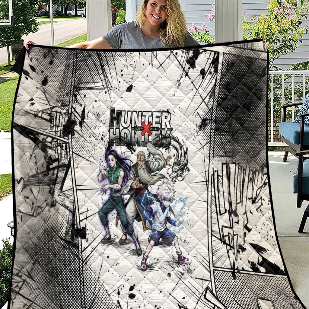 Killua Silva Illumi Team Design Quilt with Monochrome Graffiti Background and Hunter Association Symbols - The Mazicc
