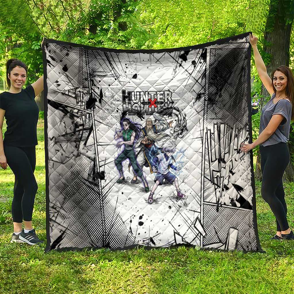 Killua Silva Illumi Team Design Quilt with Monochrome Graffiti Background and Hunter Association Symbols - The Mazicc