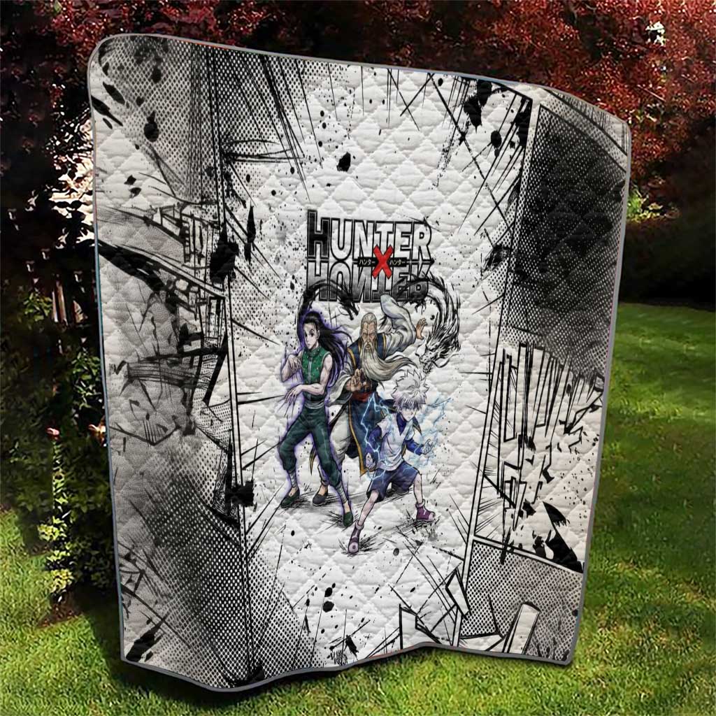 Killua Silva Illumi Team Design Quilt with Monochrome Graffiti Background and Hunter Association Symbols - The Mazicc