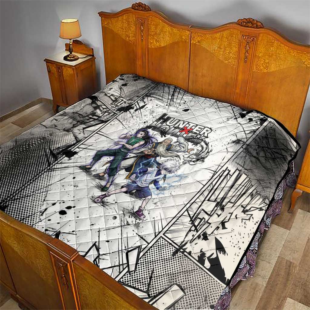 Killua Silva Illumi Team Design Quilt with Monochrome Graffiti Background and Hunter Association Symbols - The Mazicc
