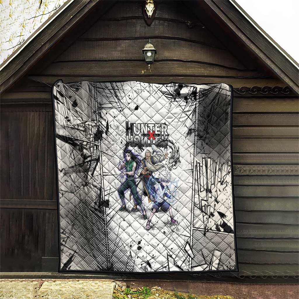 Killua Silva Illumi Team Design Quilt with Monochrome Graffiti Background and Hunter Association Symbols - The Mazicc