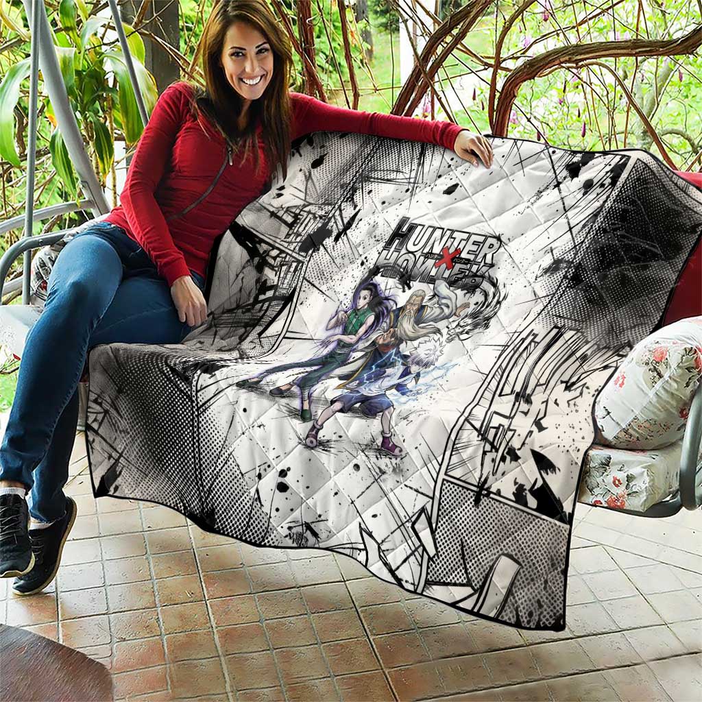 Killua Silva Illumi Team Design Quilt with Monochrome Graffiti Background and Hunter Association Symbols - The Mazicc