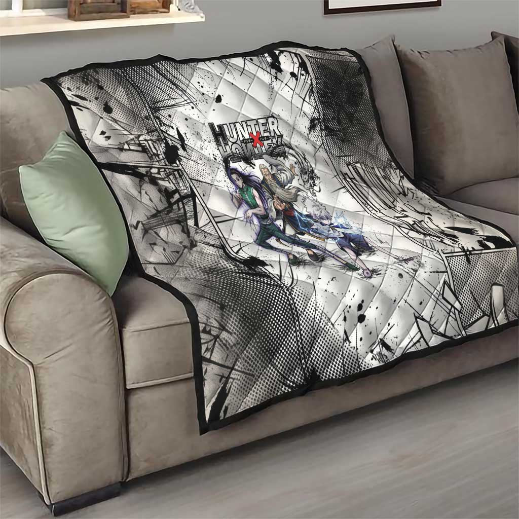 Killua Silva Illumi Team Design Quilt with Monochrome Graffiti Background and Hunter Association Symbols - The Mazicc