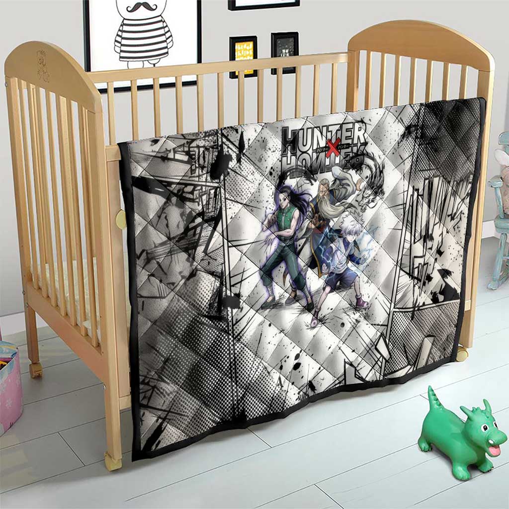 Killua Silva Illumi Team Design Quilt with Monochrome Graffiti Background and Hunter Association Symbols - The Mazicc