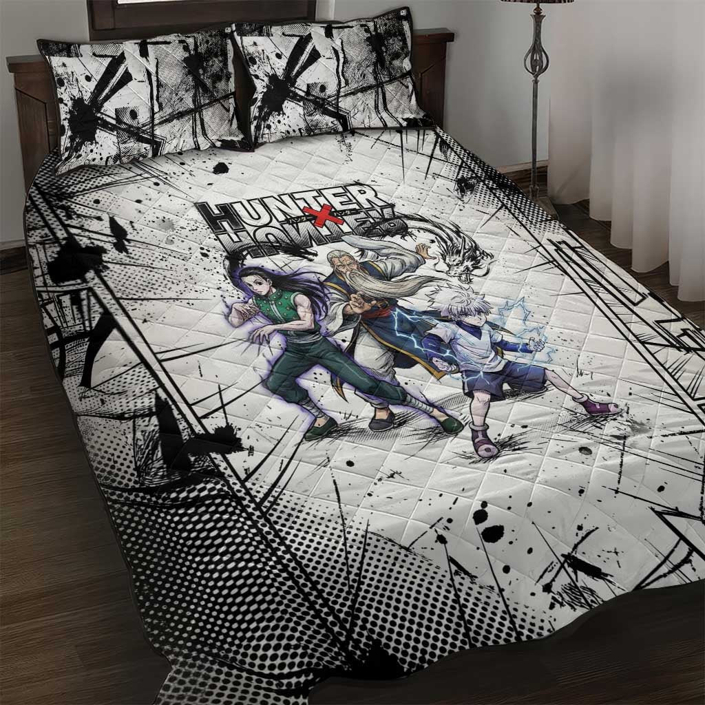 Killua Silva Illumi Team Design Quilt Bed Set with Monochrome Graffiti Background and Hunter Association Symbols - The Mazicc
