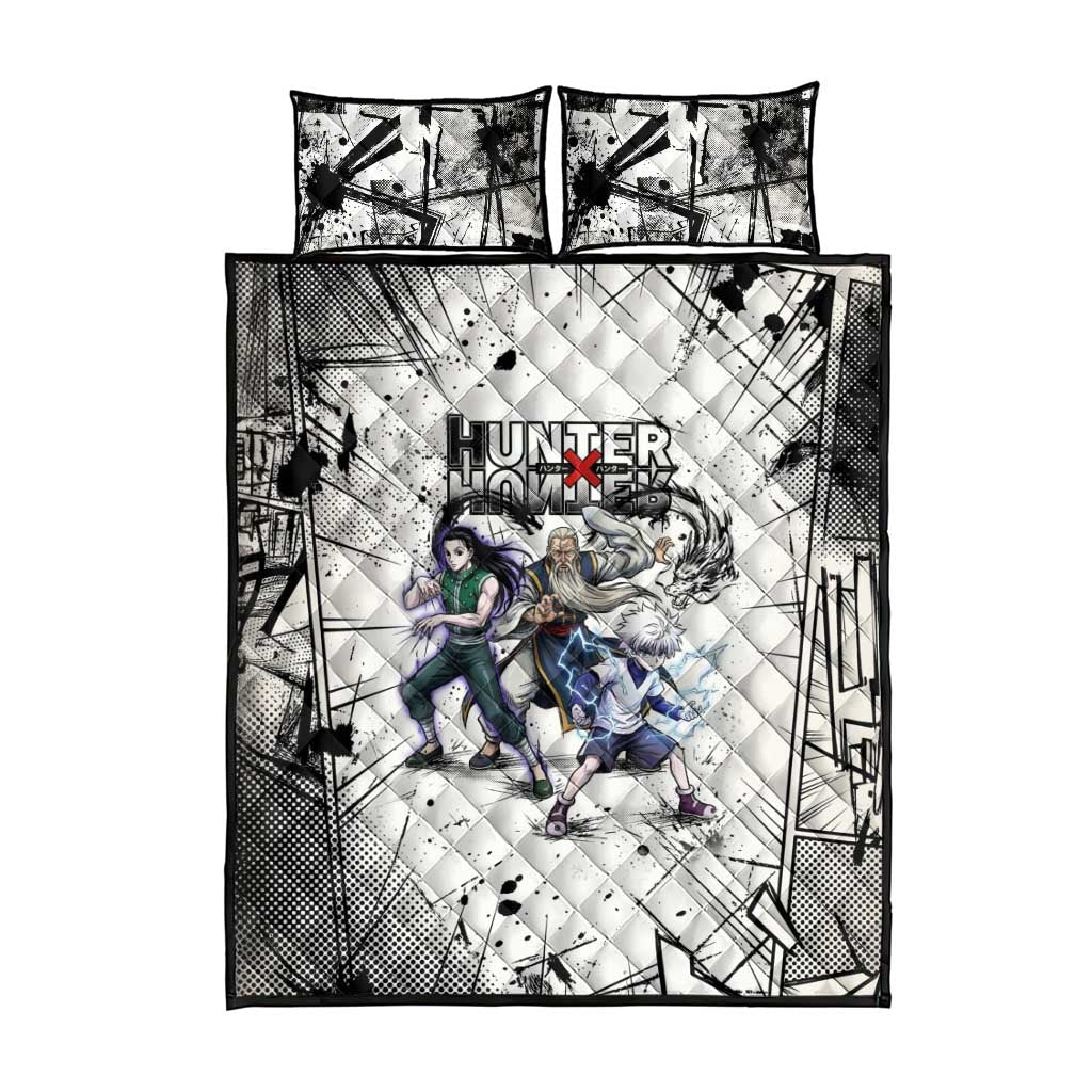 Killua Silva Illumi Team Design Quilt Bed Set with Monochrome Graffiti Background and Hunter Association Symbols - The Mazicc