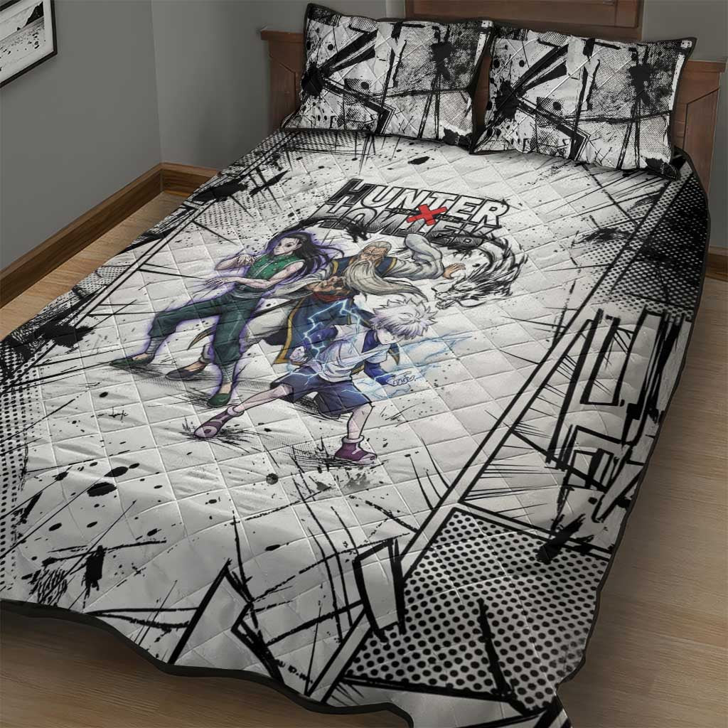 Killua Silva Illumi Team Design Quilt Bed Set with Monochrome Graffiti Background and Hunter Association Symbols - The Mazicc