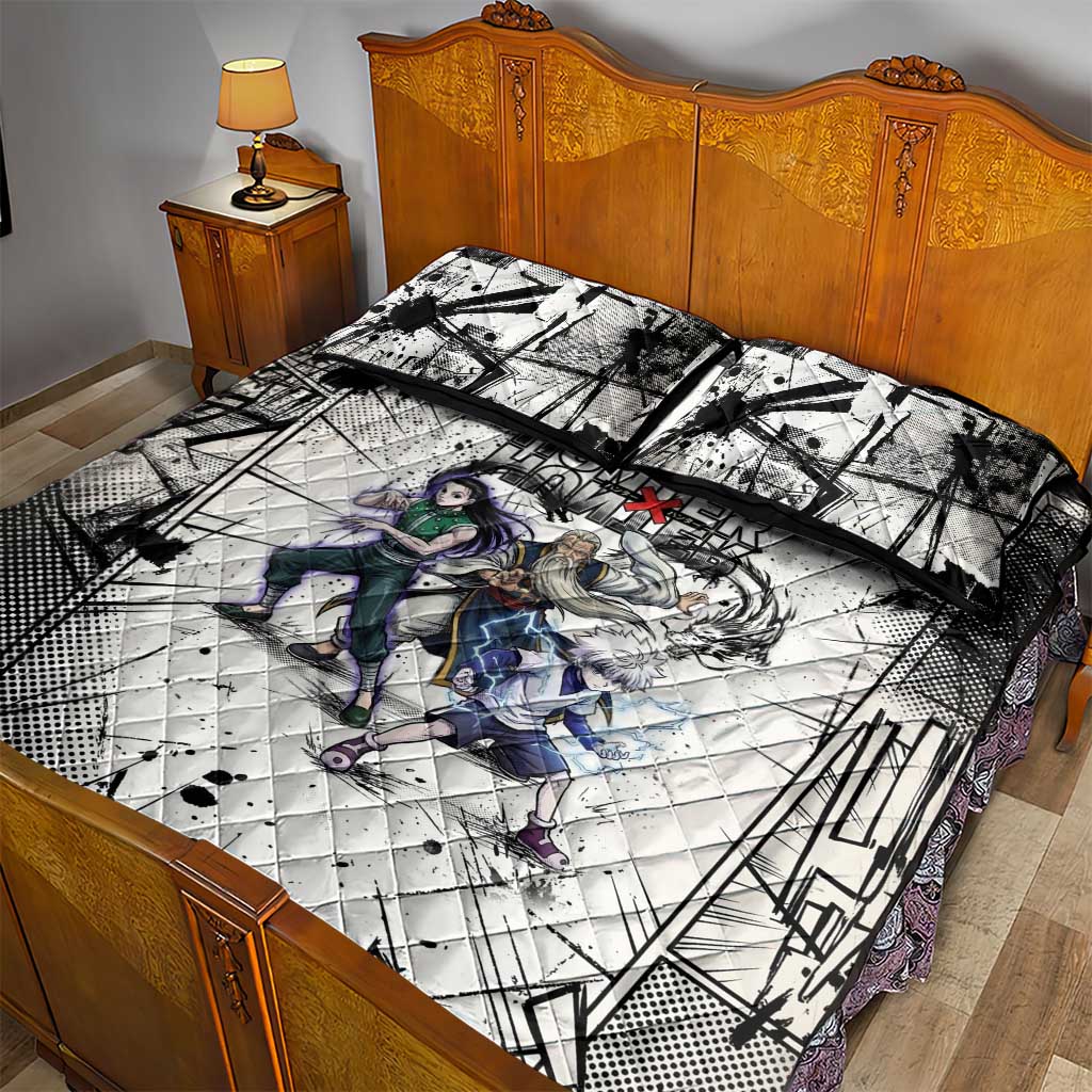 Killua Silva Illumi Team Design Quilt Bed Set with Monochrome Graffiti Background and Hunter Association Symbols - The Mazicc