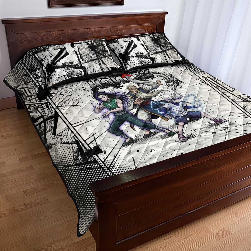 Killua Silva Illumi Team Design Quilt Bed Set with Monochrome Graffiti Background and Hunter Association Symbols - The Mazicc