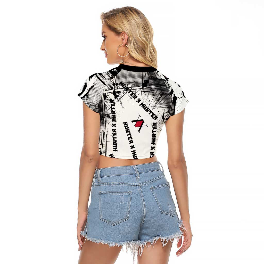 Killua Silva Illumi Team Design Raglan Cropped T Shirt with Monochrome Graffiti Background and Hunter Association Symbols - The Mazicc
