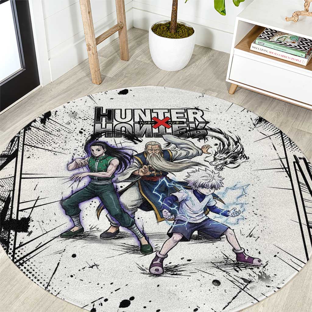 Killua Silva Illumi Team Design Round Carpet with Monochrome Graffiti Background and Hunter Association Symbols - The Mazicc