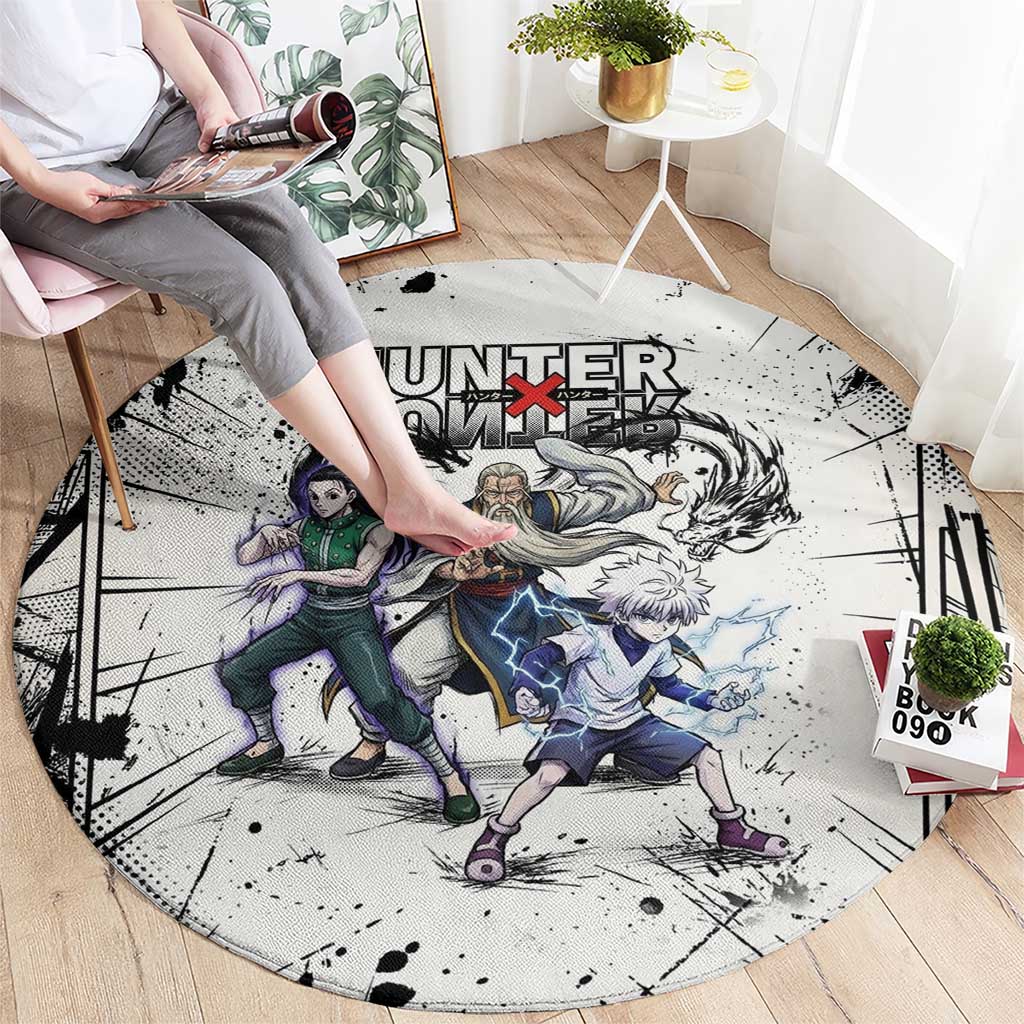 Killua Silva Illumi Team Design Round Carpet with Monochrome Graffiti Background and Hunter Association Symbols - The Mazicc