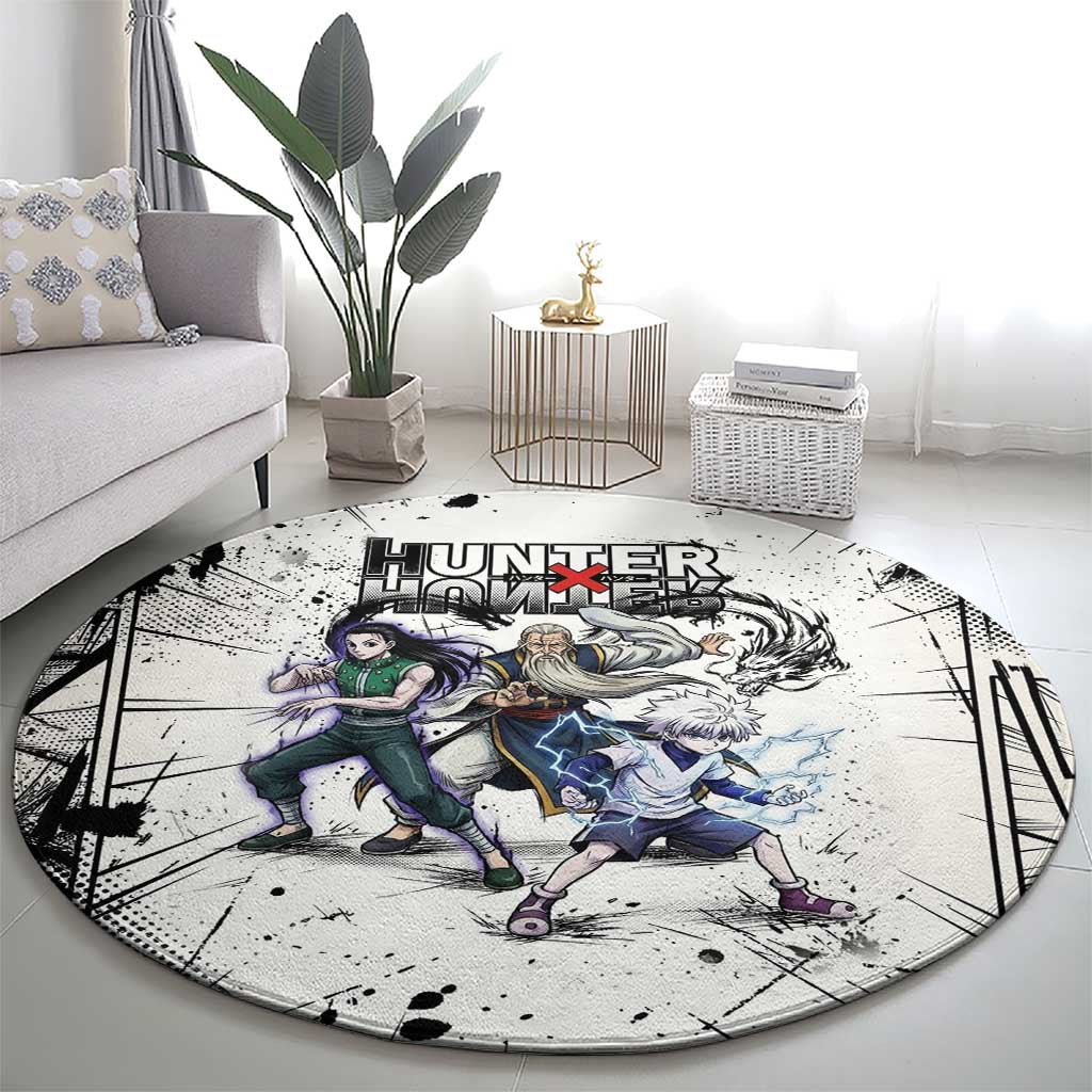 Killua Silva Illumi Team Design Round Carpet with Monochrome Graffiti Background and Hunter Association Symbols - The Mazicc