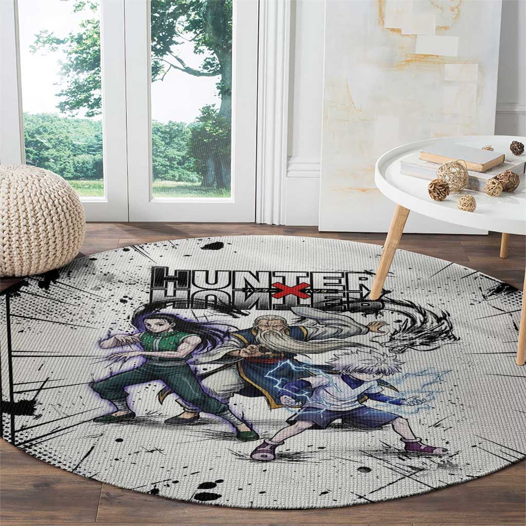 Killua Silva Illumi Team Design Round Carpet with Monochrome Graffiti Background and Hunter Association Symbols - The Mazicc