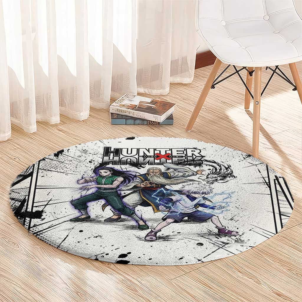 Killua Silva Illumi Team Design Round Carpet with Monochrome Graffiti Background and Hunter Association Symbols - The Mazicc