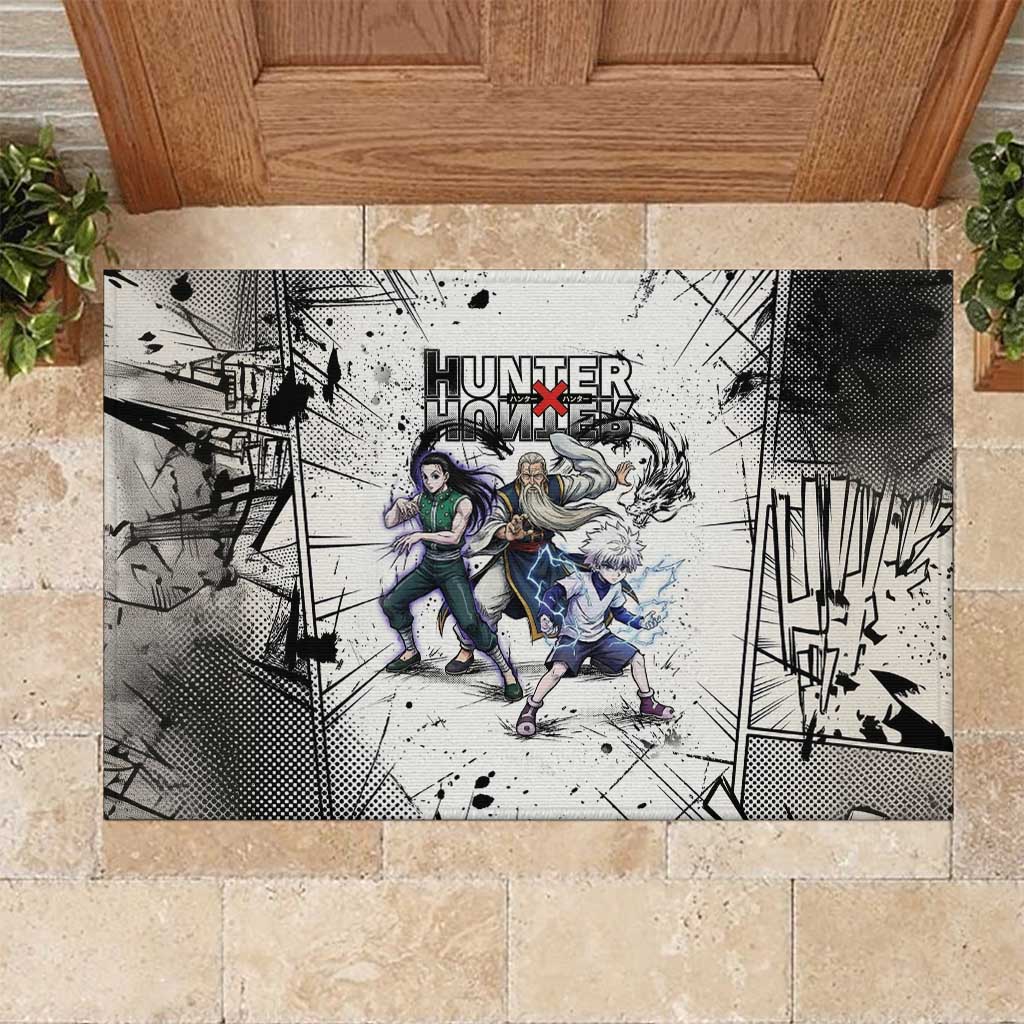Killua Silva Illumi Team Design Rubber Doormat with Monochrome Graffiti Background and Hunter Association Symbols - The Mazicc