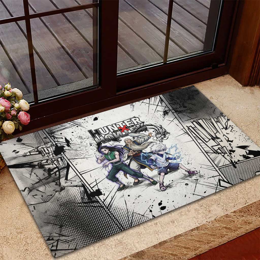 Killua Silva Illumi Team Design Rubber Doormat with Monochrome Graffiti Background and Hunter Association Symbols - The Mazicc