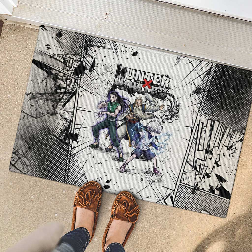 Killua Silva Illumi Team Design Rubber Doormat with Monochrome Graffiti Background and Hunter Association Symbols - The Mazicc