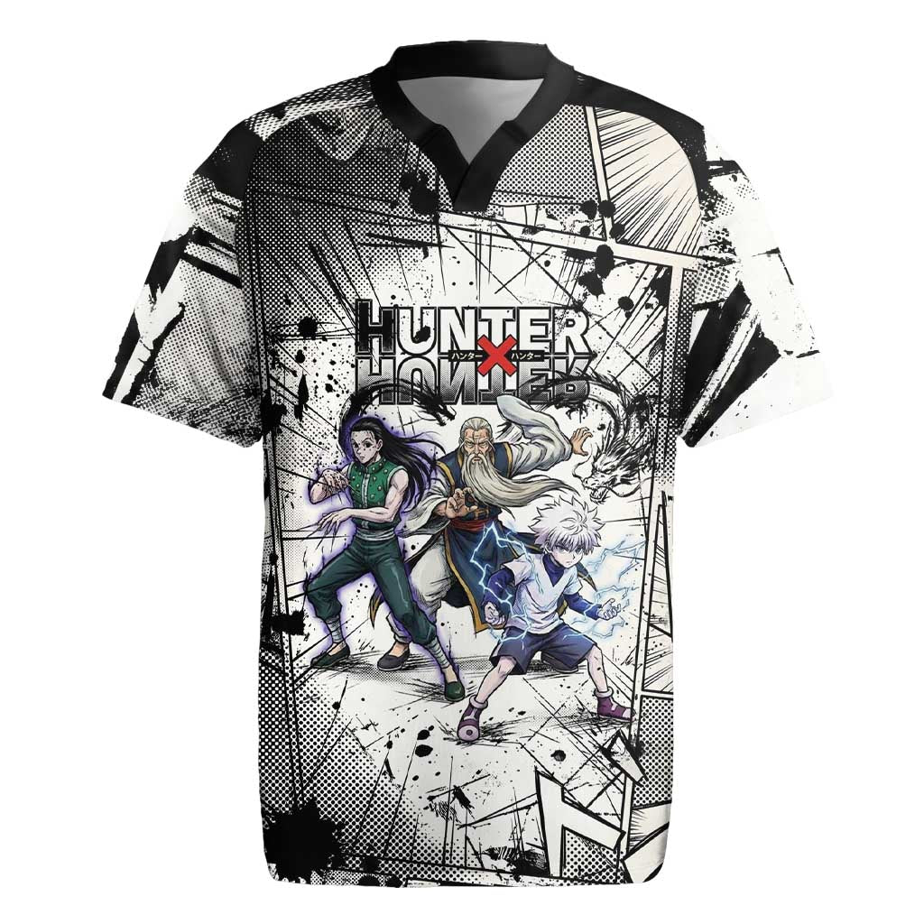 Killua Silva Illumi Team Design Rugby Jersey with Monochrome Graffiti Background and Hunter Association Symbols - The Mazicc