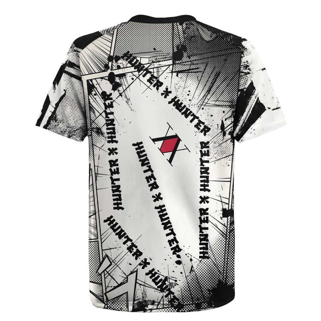 Killua Silva Illumi Team Design Rugby Jersey with Monochrome Graffiti Background and Hunter Association Symbols - The Mazicc