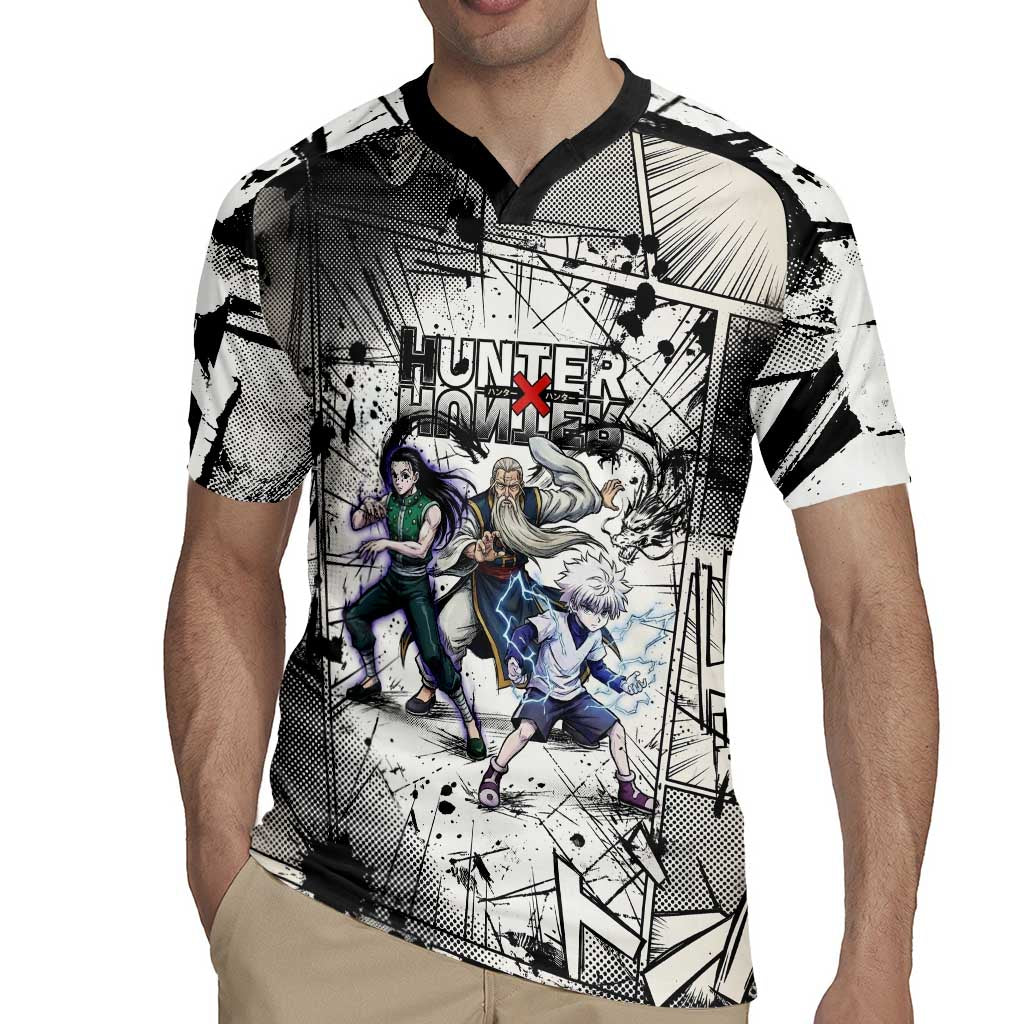 Killua Silva Illumi Team Design Rugby Jersey with Monochrome Graffiti Background and Hunter Association Symbols - The Mazicc